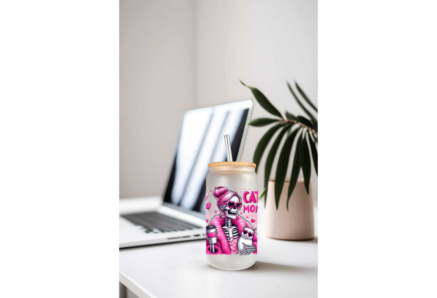 UVDTF Decal Cat Mom Retro Skeleton It’s a Throat P*nch Kind of Day 16oz Can Glass Mug Tumbler, Ready to Apply, Permanent Waterproof Adhesive