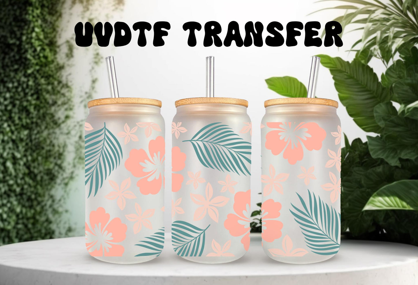UVDTF Wrap Hibiscus Tropical Flower 16oz Can Glass Mug Tumbler, Ready to Apply, Permanent Waterproof Adhesive