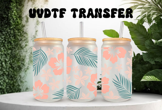 UVDTF Wrap Hibiscus Tropical Flower 16oz Can Glass Mug Tumbler, Ready to Apply, Permanent Waterproof Adhesive
