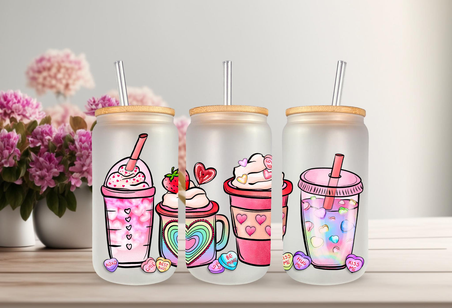 UVDTF Wrap Pink Valentines Iced Coffee Latte 16oz Can Glass Mug Tumbler, Ready to Apply, Permanent Waterproof Adhesive, Double Sided Options