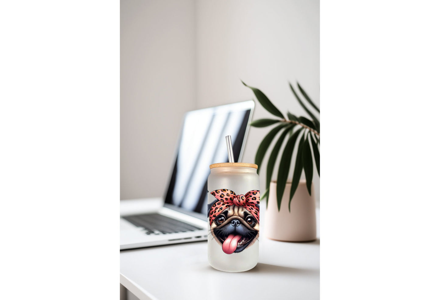 UVDTF Wrap Cute Pug 16oz Can Glass Wrap, Mug Tumbler, Dog Mom, Ready to apply, Permanent Adhesive, Double sided option