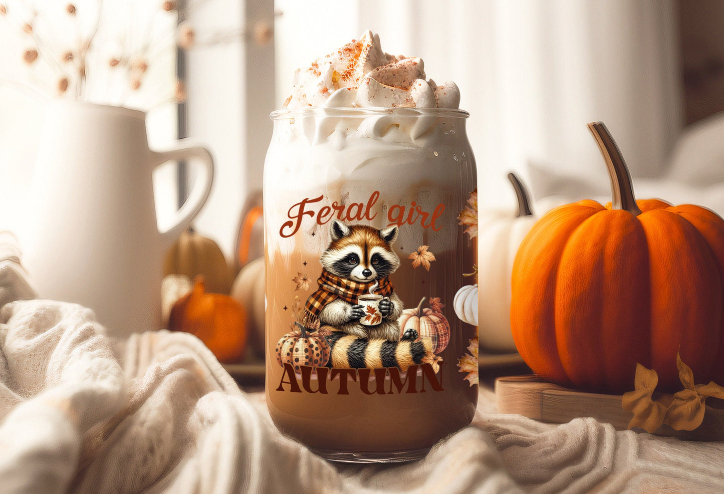 UVDTF Wrap Feral Girl Autumn Racoon Pumpkin for 16oz Can Glass Mug Tumbler, Ready to apply, Permanent Adhesive, Double Sided option
