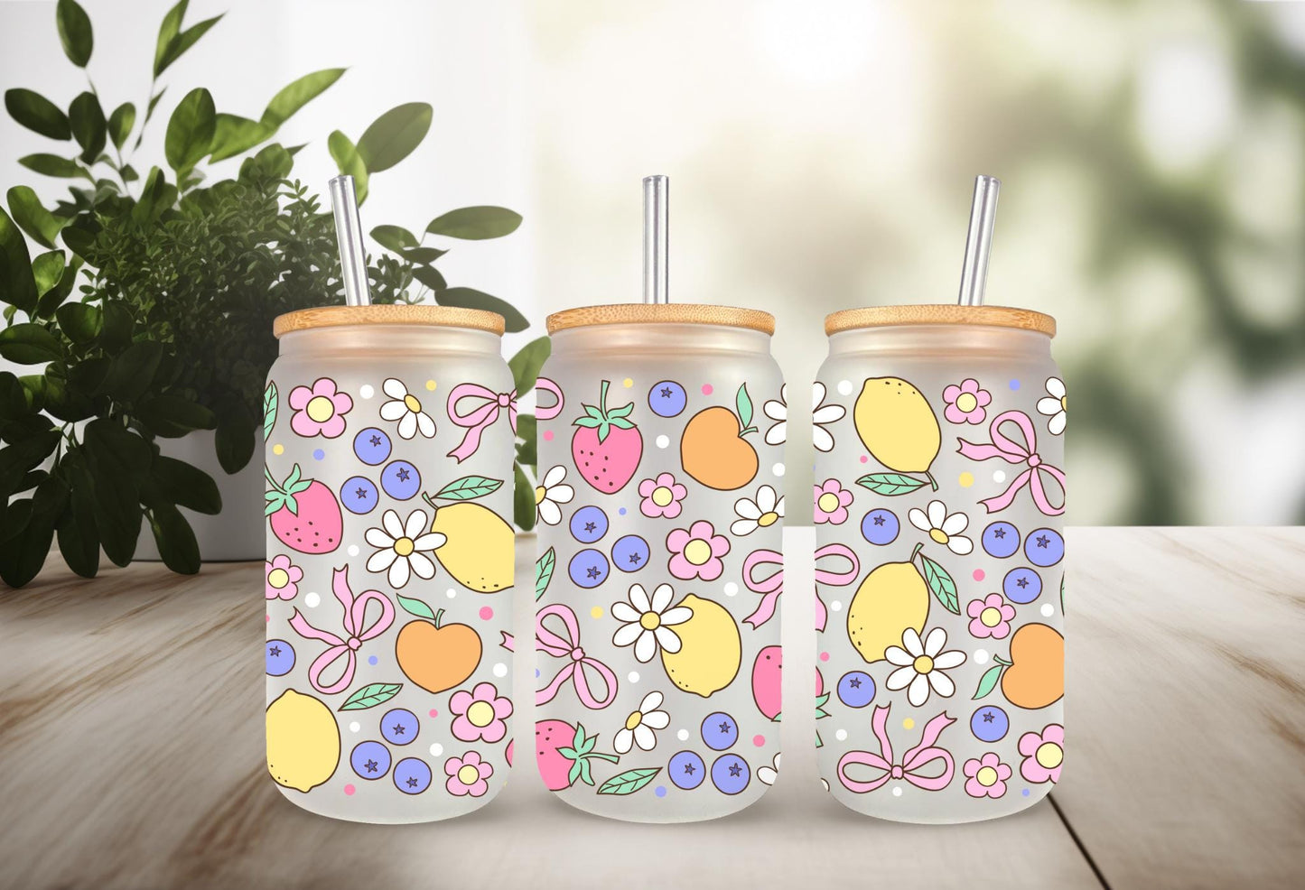 UVDTF Wrap Lemon Strawberry Blueberry Daisy Bow 16oz Can Glass Mug Tumbler, Ready to apply, Permanent Waterproof Adhesive