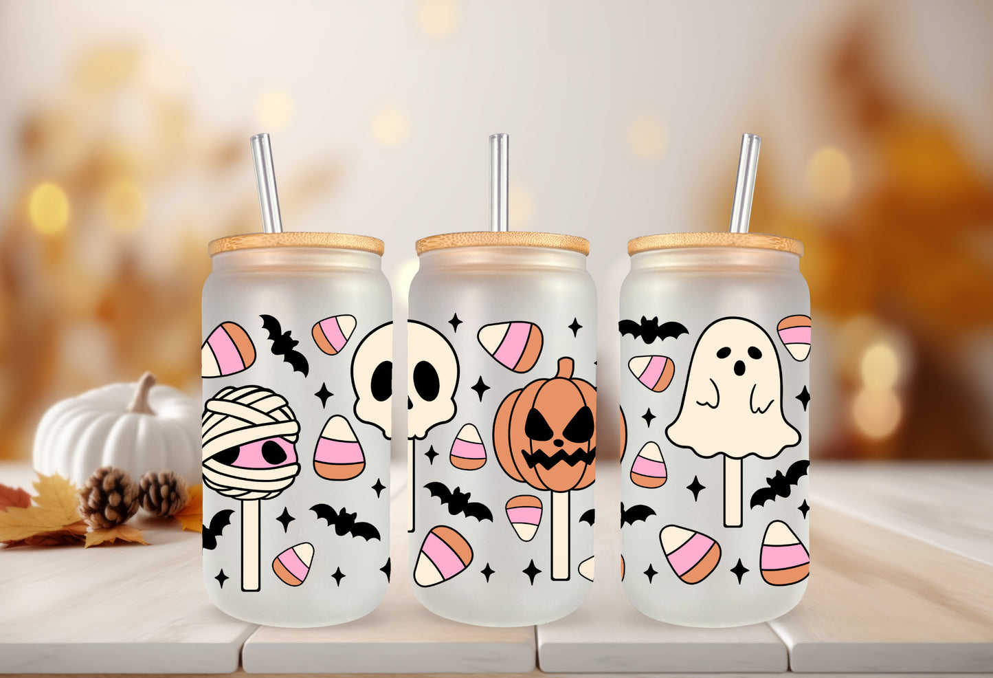 UVDTF Wrap Halloween Sweet Candy 16 oz Can Glass, Mug, Tumbler,Ready to Apply, Permanent Adhesive, Double Sided Print