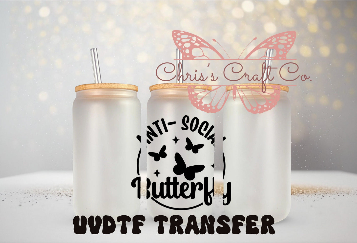 UVDTF Decal Anti Social Butterfly 16oz Can Glass Mug Tumbler, Ready to apply, Permanent Adhesive Waterproof