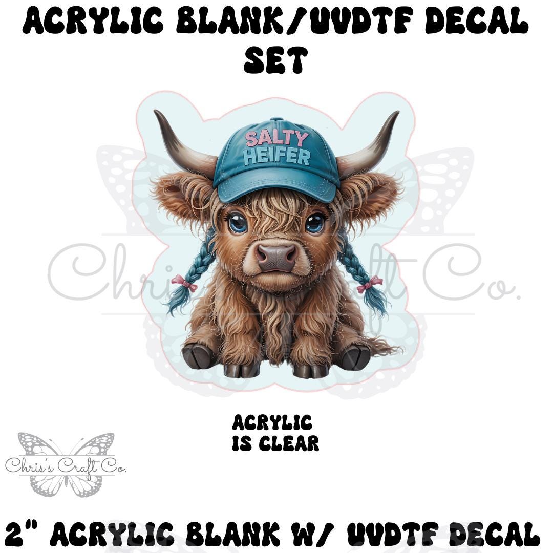 Acrylic Blank Highland Cow UVDTF Decal Set, Salty Heifer, DIY Badge Reels, Bow Blank UVDTF sticker, Unfinished Badge Reel, Badge Reel Blank