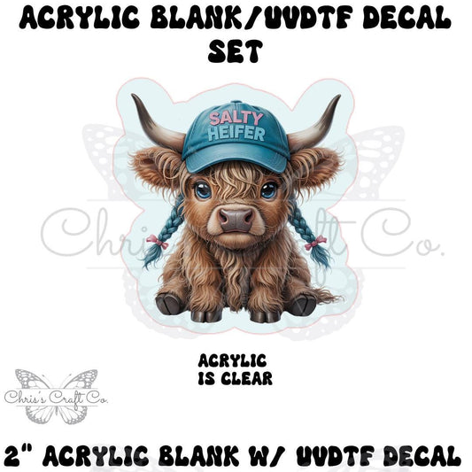 Acrylic Blank Highland Cow UVDTF Decal Set, Salty Heifer, DIY Badge Reels, Bow Blank UVDTF sticker, Unfinished Badge Reel, Badge Reel Blank