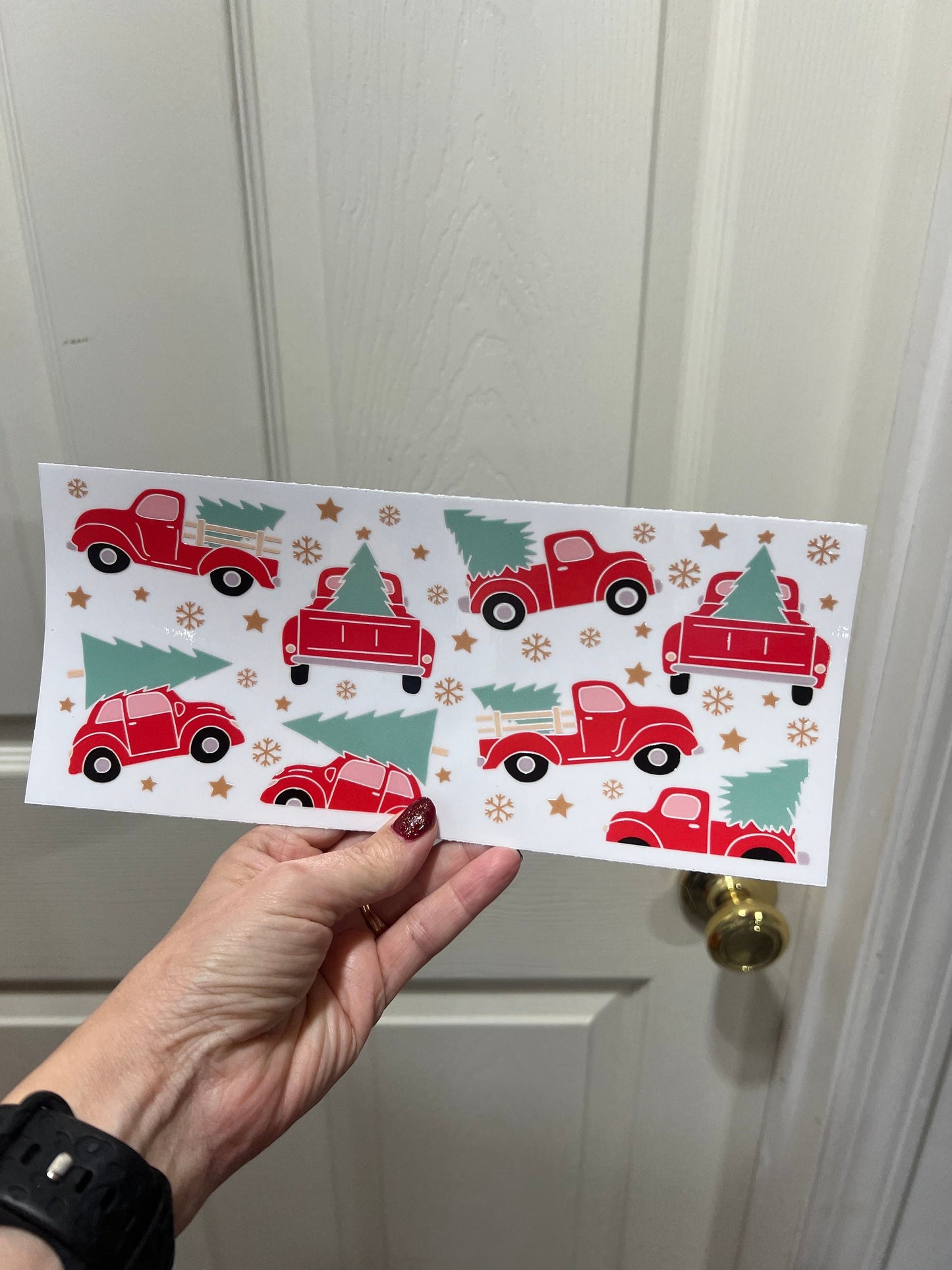 UVDTF WRAP Christmas Tree Red Truck 16oz Can Glass Mug Tumbler, Ready to apply, Waterproof Permanent Adhesive, Double sided option
