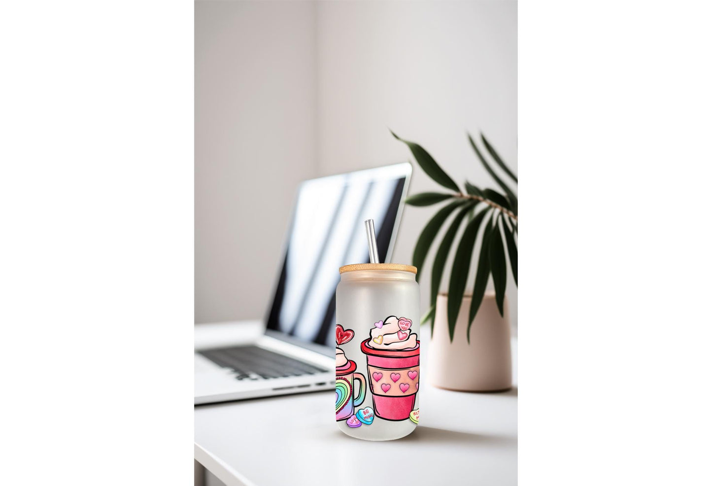 UVDTF Wrap Pink Valentines Iced Coffee Latte 16oz Can Glass Mug Tumbler, Ready to Apply, Permanent Waterproof Adhesive, Double Sided Options