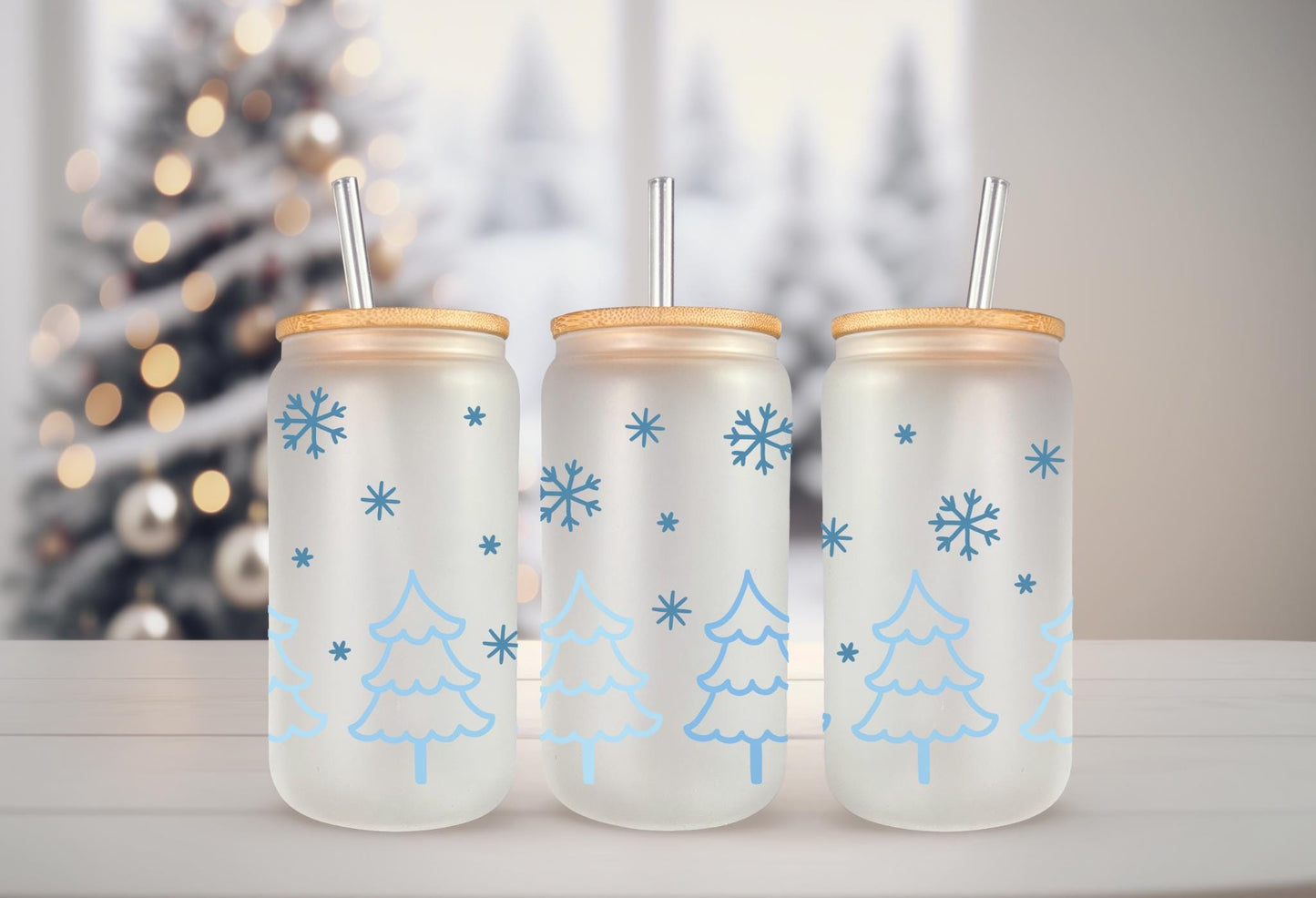 UVDTF Wrap Blue Snowflakes Trees 16oz Can Glass Mug Tumbler,, Ready to Apply, Permanent Waterproof Adhesive