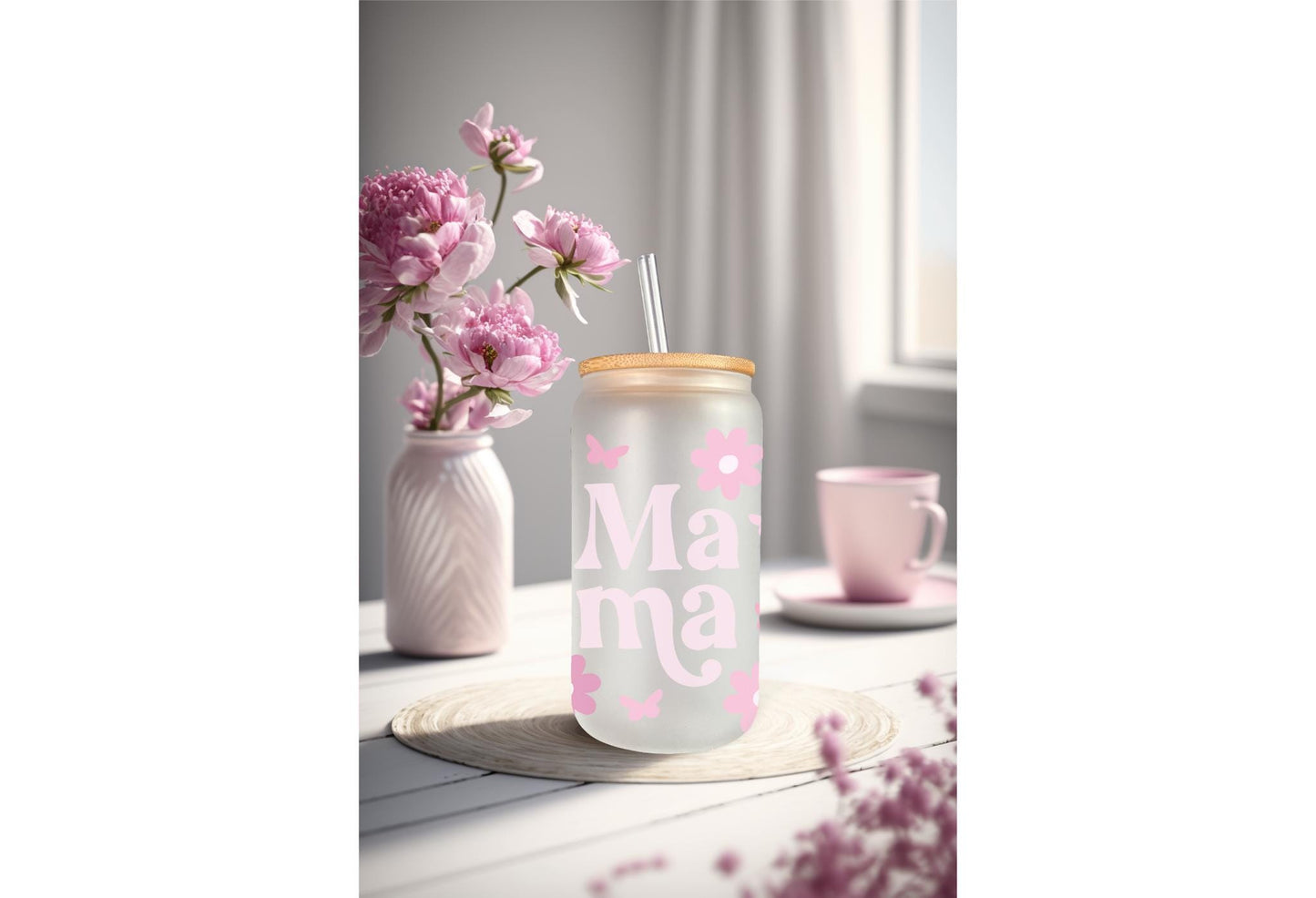 UVDTF Wrap Mama Floral Butterfly 16oz Can Glass Mug Tumbler, Ready to Apply, Permanent Waterproof Adhesive, Mom Gift
