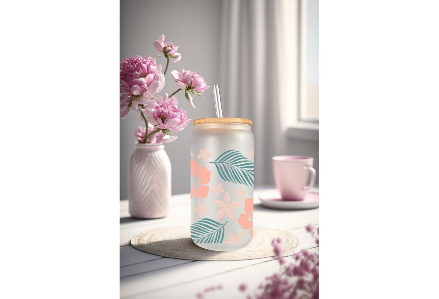 UVDTF Wrap Hibiscus Tropical Flower 16oz Can Glass Mug Tumbler, Ready to Apply, Permanent Waterproof Adhesive
