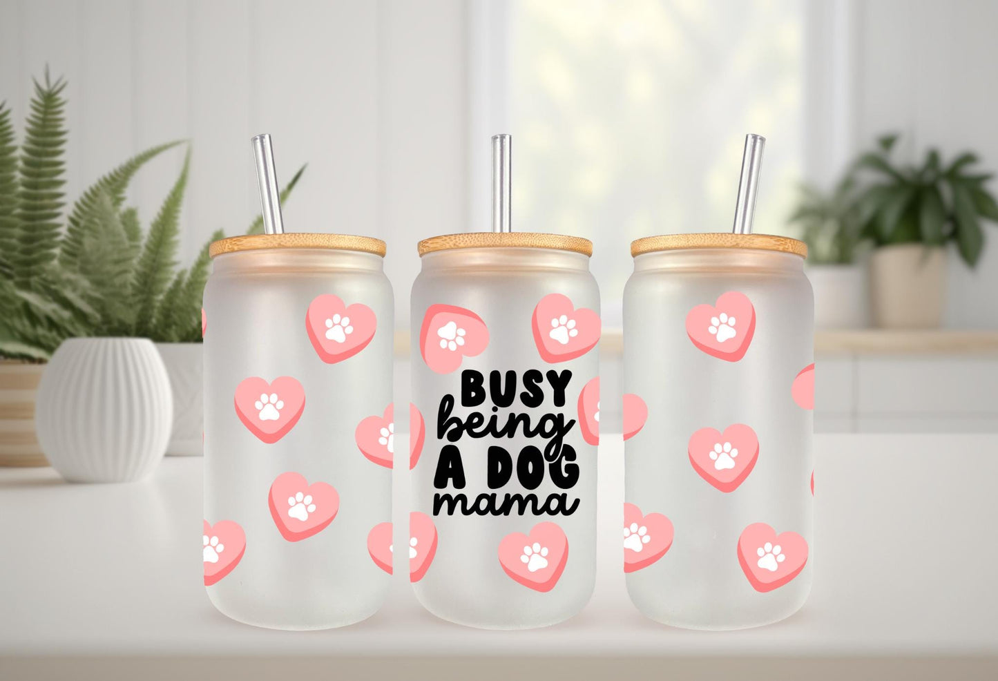 UVDTF Wrap Dog Mama Hearts Paws 16oz Can Glass Mug Tumbler, Ready to apply, Permanent Waterproof Adhesive