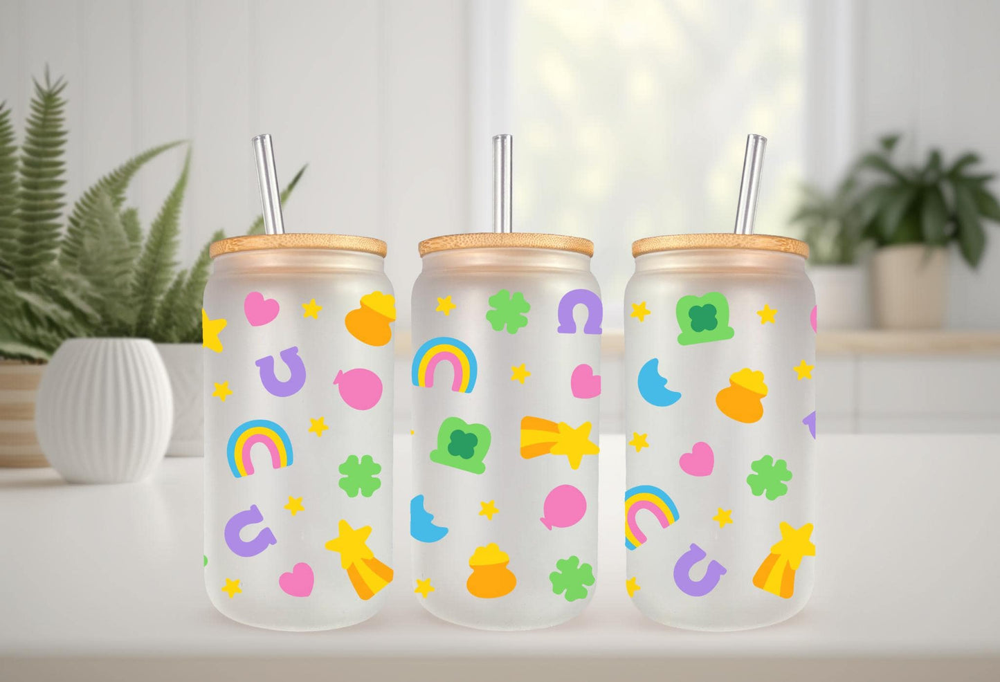 UVDTF Wrap Lucky St. Patrick  Charms 16oz Can Glass Mug Tumbler, Ready to apply. Permanent Waterproof Adhesive