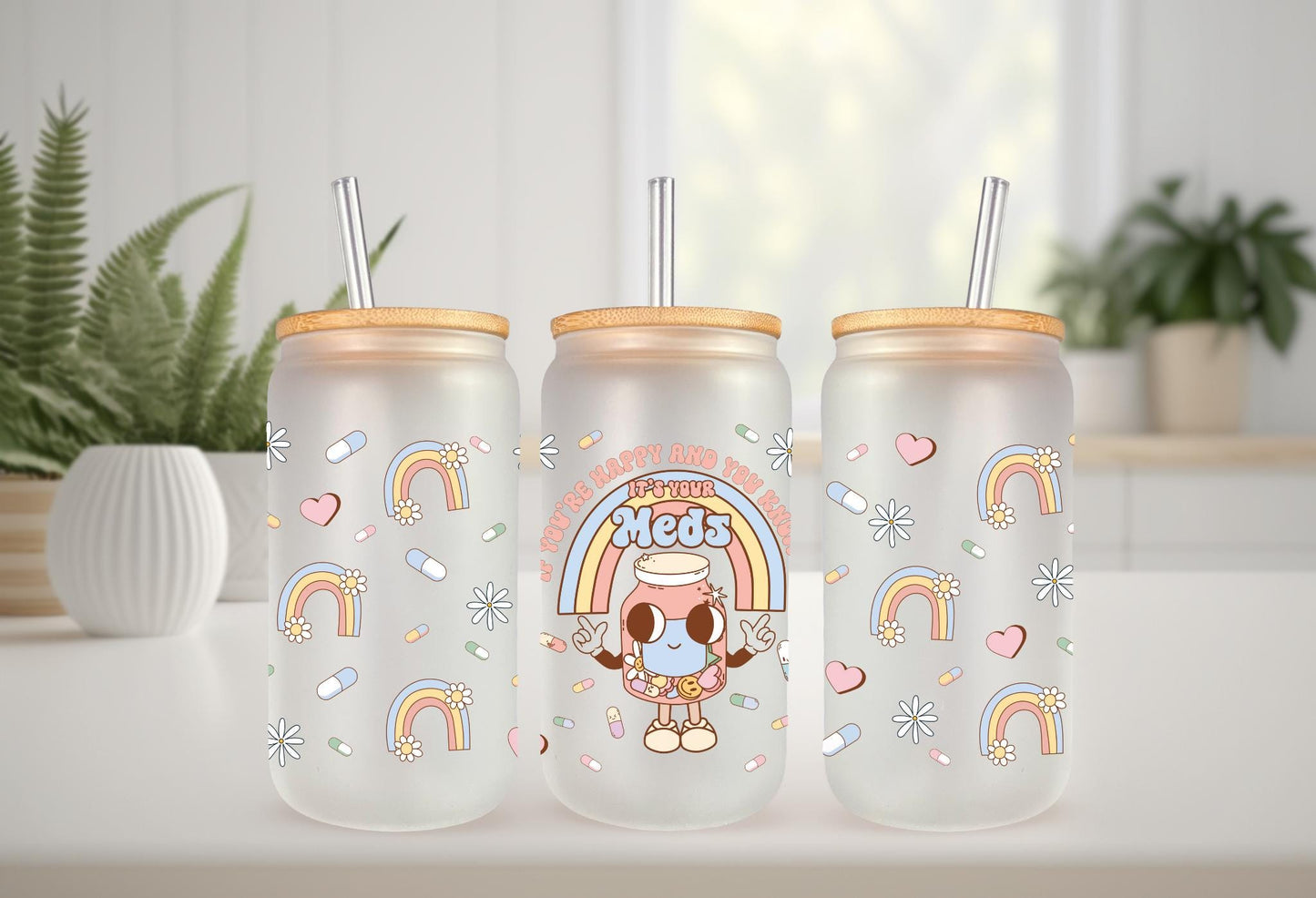 UVDTF Wrap Retro Happy it's Your Meds for 16oz Can Glass Mug Tumbler, Ready to Apply, Permanent Waterproof Adhesive