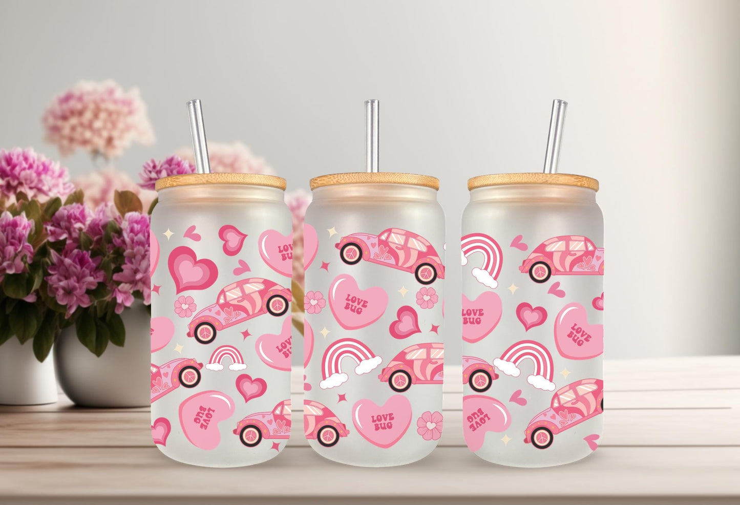UVDTF Wrap Heart Valentine’s Love Bug 16oz Can Glass Mug Tumbler, Ready to Apply, Permanent Waterproof Adhesive