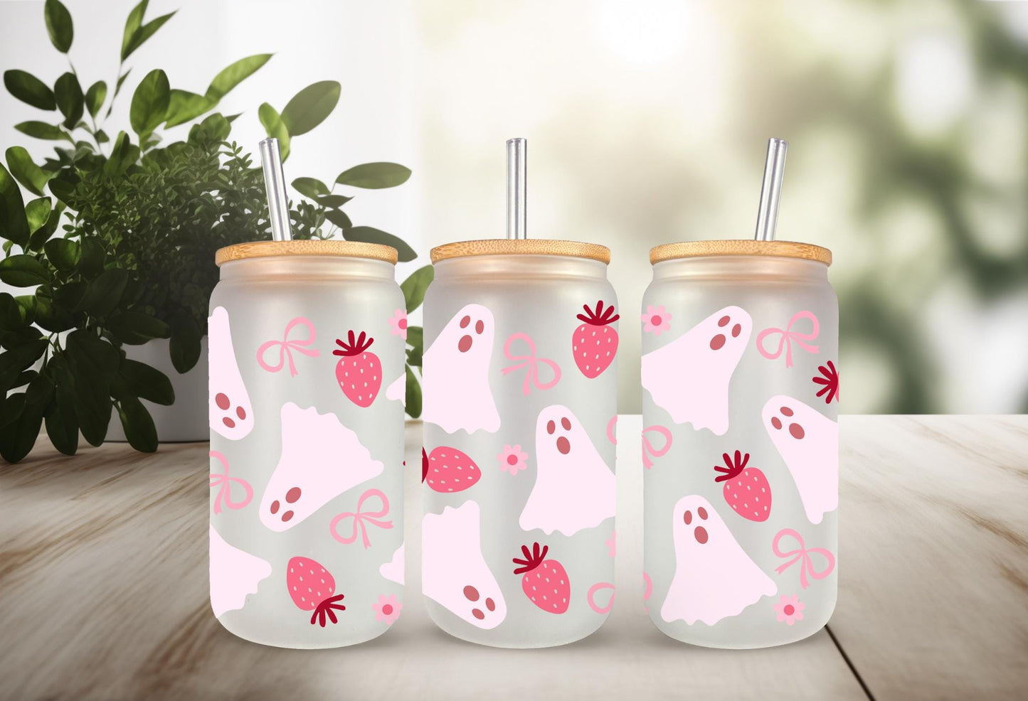 UVDTF Wrap Strawberry Boo Bow 16oz Can Glass Wrap Mug Tumbler, Nail Polish Wrap, Ready to Apply, Permanent Waterproof Adhesive