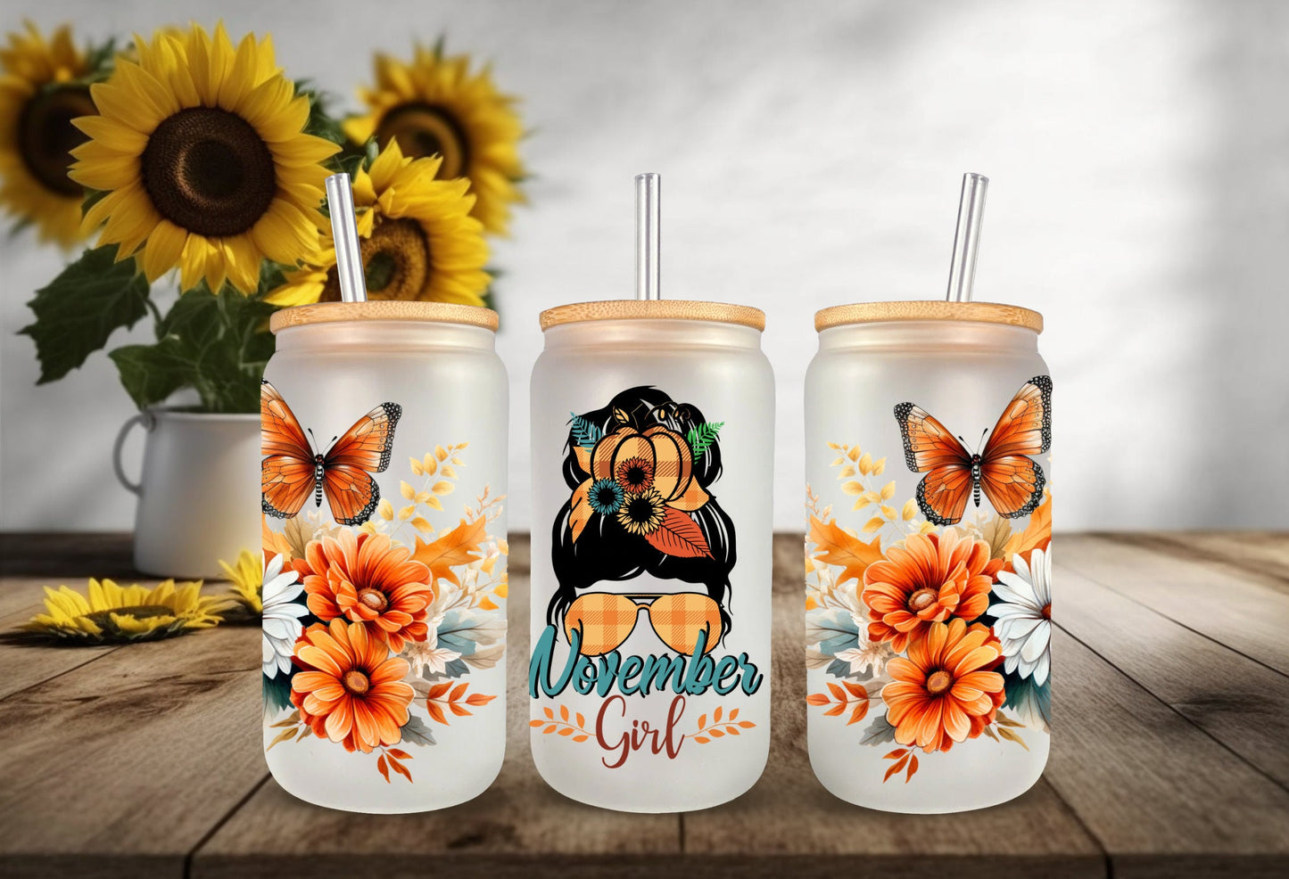 UVDTF Wrap Fall Mom Bun November Girl Floral Butterfly 16oz Can Glass, Mug,  40oz  Tumbler, Fall Wrap, Ready to apply, Permanent Adhesive