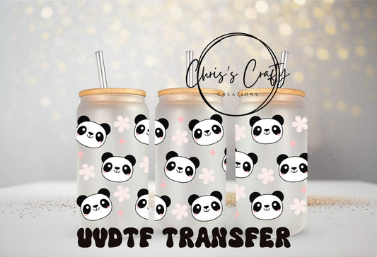 UVDTF Wrap Cute Pandas 16oz Can Glass Mug Tumbler, Panda Wrap, Ready to apply, Permanent Waterproof Adhesive, Double Sided Print Option