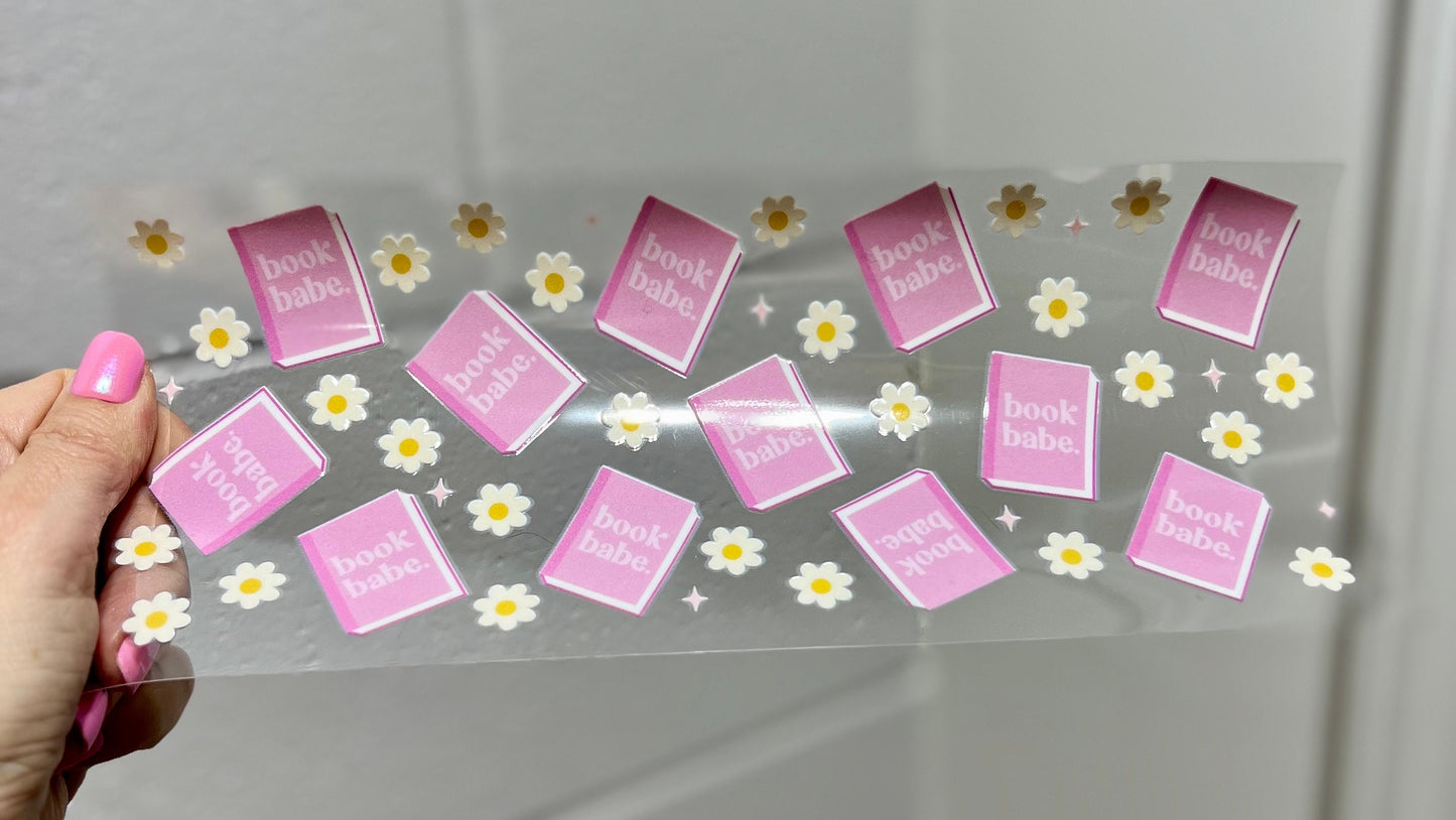 UVDTF Wrap Book Babe Pastel Pink 16oz Can Glass Mug Tumbler, Ready to apply, Permanent Waterproof Adhesive, Add on a Cup