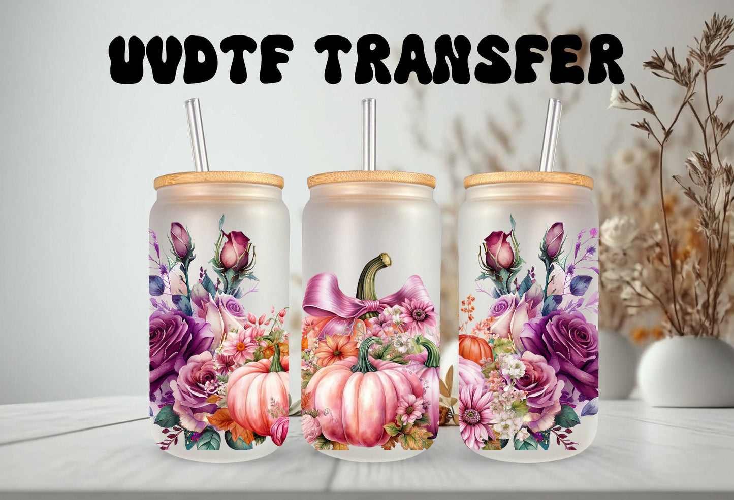UVDTF Wrap Fall Pumpkin Pink Floral 16oz Can Glass, Mug, Tumbler Wrap, Ready to Apply, Permanent Waterproof Adhesive