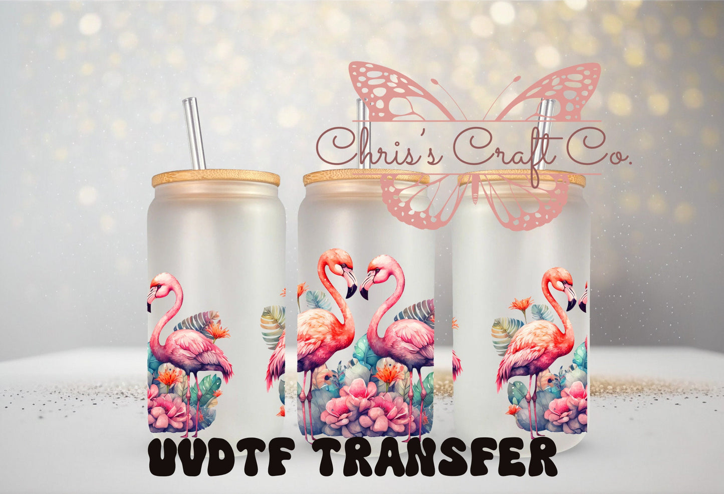 UVDTF Wrap Flamingo Tropical Floral 16 oz Can Glass Wrap Mug Tumbler, Ready to apply, Permanent Adhesive Waterproof