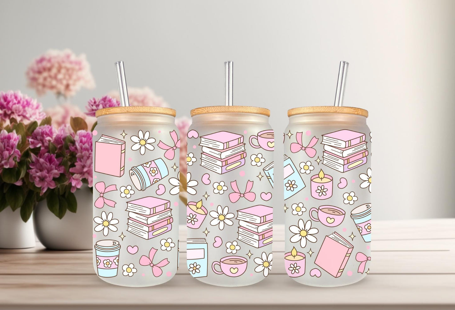 UVDTF Wrap Books Daisy Bow 16oz Can Glass Mug Tumbler, Ready to Apply, Permanent Waterproof Adhesive