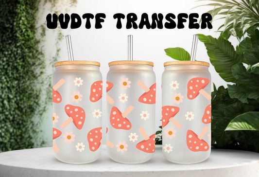 UVDTF Wrap Floral Mushrooms 16oz Can Glass Mug Tumbler, Ready to Apply, Permanent Waterproof Adhesive