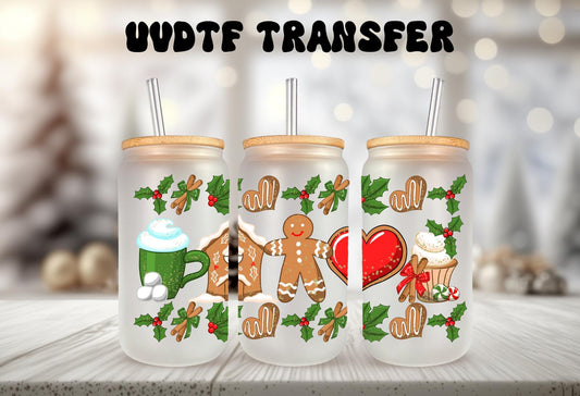 UVDTF WRAP Gingerbread Man House Christmas 16oz Can Glass Mug Tumbler, Ready to apply, Waterproof Permanent Adhesive