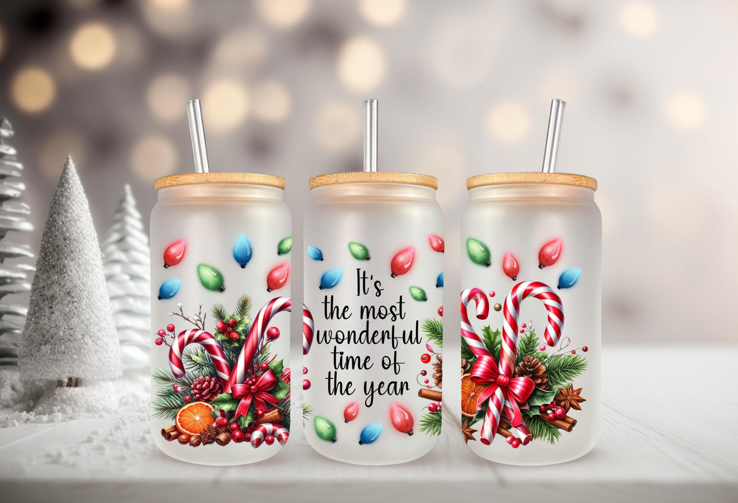 UVDTF WRAP Candy Cane Most Wonderful Time do the Year 16oz Can Glass Mug Tumbler, Ready to Apply, Permanent Waterproof Adhesive