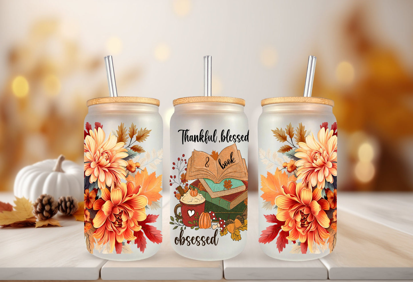 UVDTF Wrap Books Thankful Blessed Obsessed Floral 16oz Can Glass, Mug Tumbler, Ready to Apply, Permanent Waterproof Adhesive