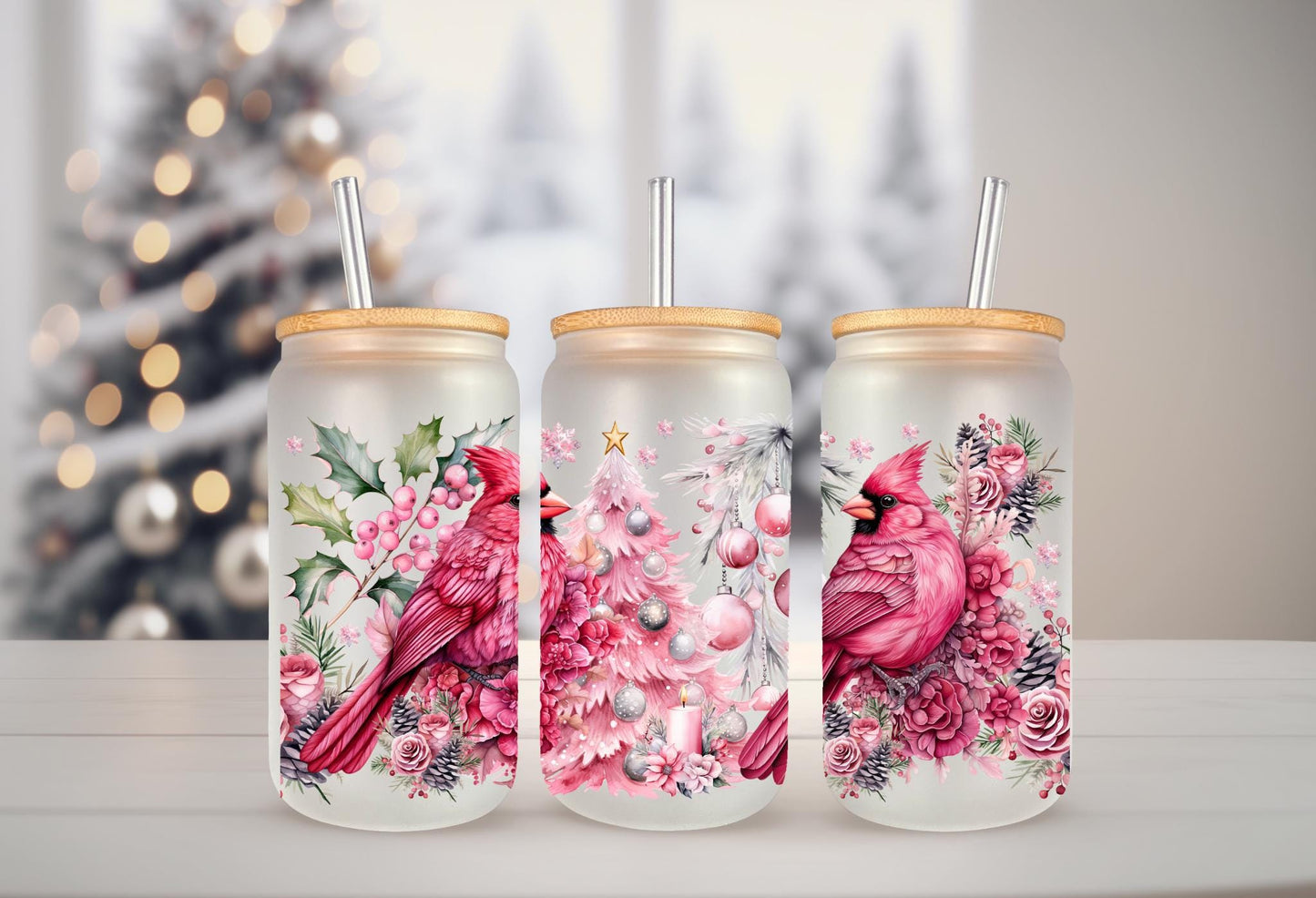 UVDTF WRAP Cardinal Pink Christmas Tree 16 oz Can Glass Mug Tumbler, Christmas Wrap, Ready to apply, Waterproof Permanent Adhesive