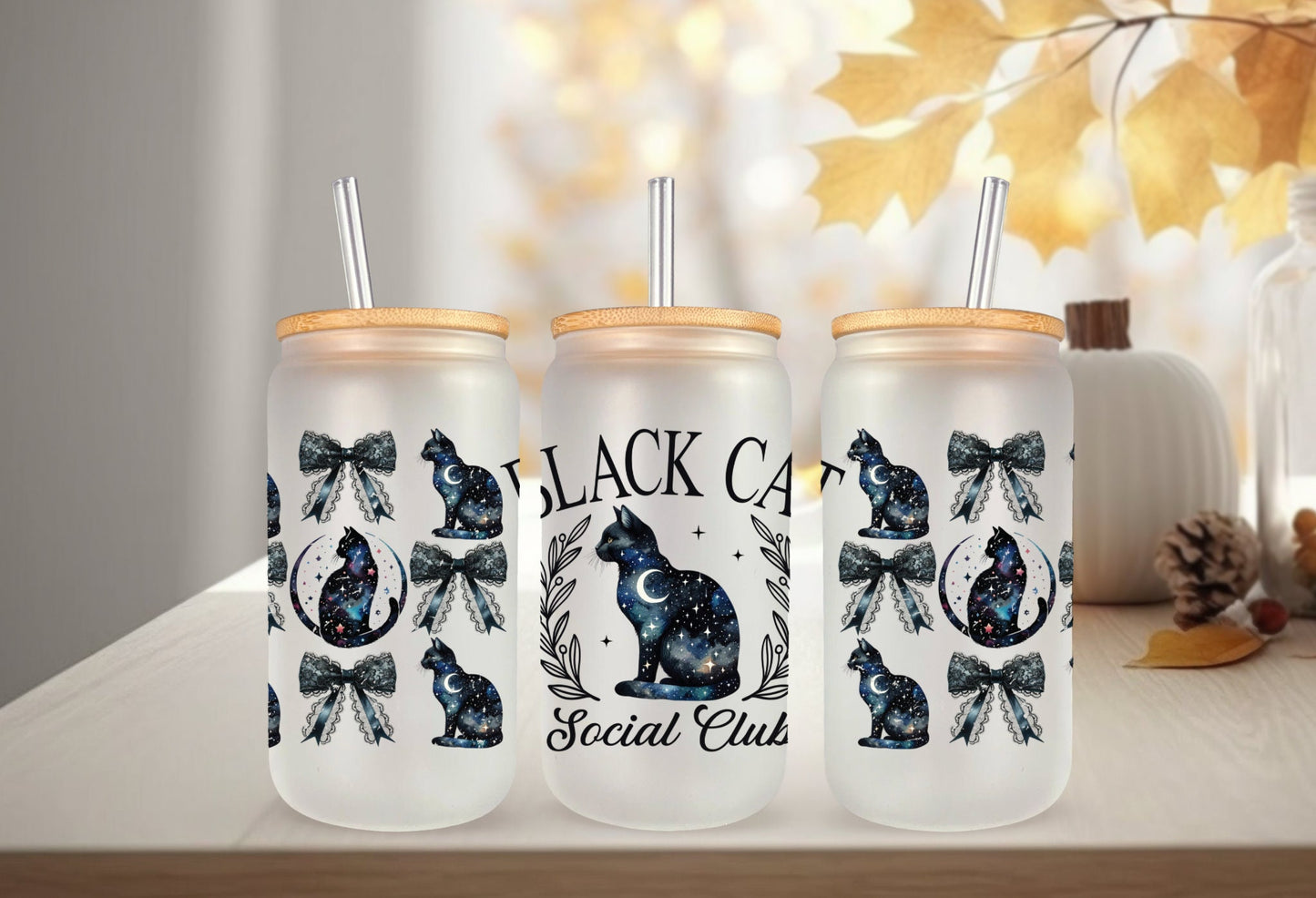 UVDTF Wrap Black Cat Social Club Coquettes Bows 16 oz Can Glass, Mug, Tumbler, Ready to Apply, Permanent Waterproof Adhesive
