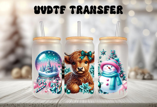 UVDTF Wrap Highland Cow Snowman Snow Globe, Christmas