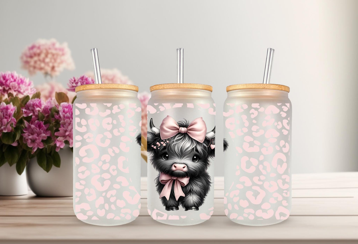 UVDTF Wrap Highland Cow pink Bow Leopard Print 16oz Can Glass Mug Tumbler Wrap, Geese Wrap, Ready to apply, Permanent Adhesive