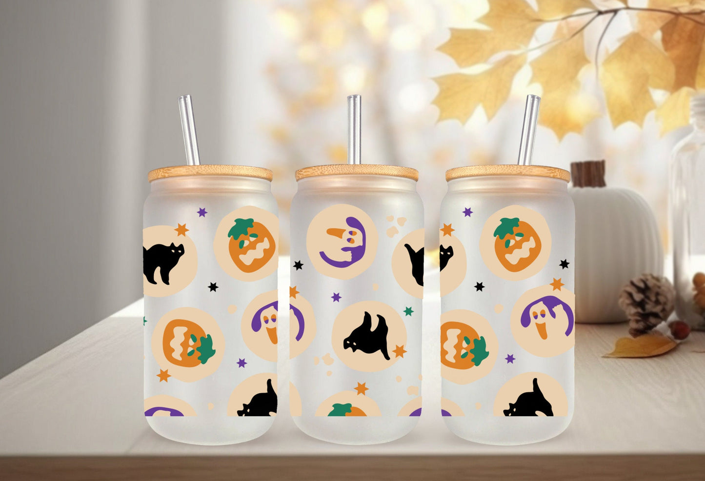 UVDTF Wrap Halloween Ghost Pumpkin Cat Cookies for 16oz Can Glass Mug Tumbler, Ready to Apply, Permanent Waterproof Adhesive