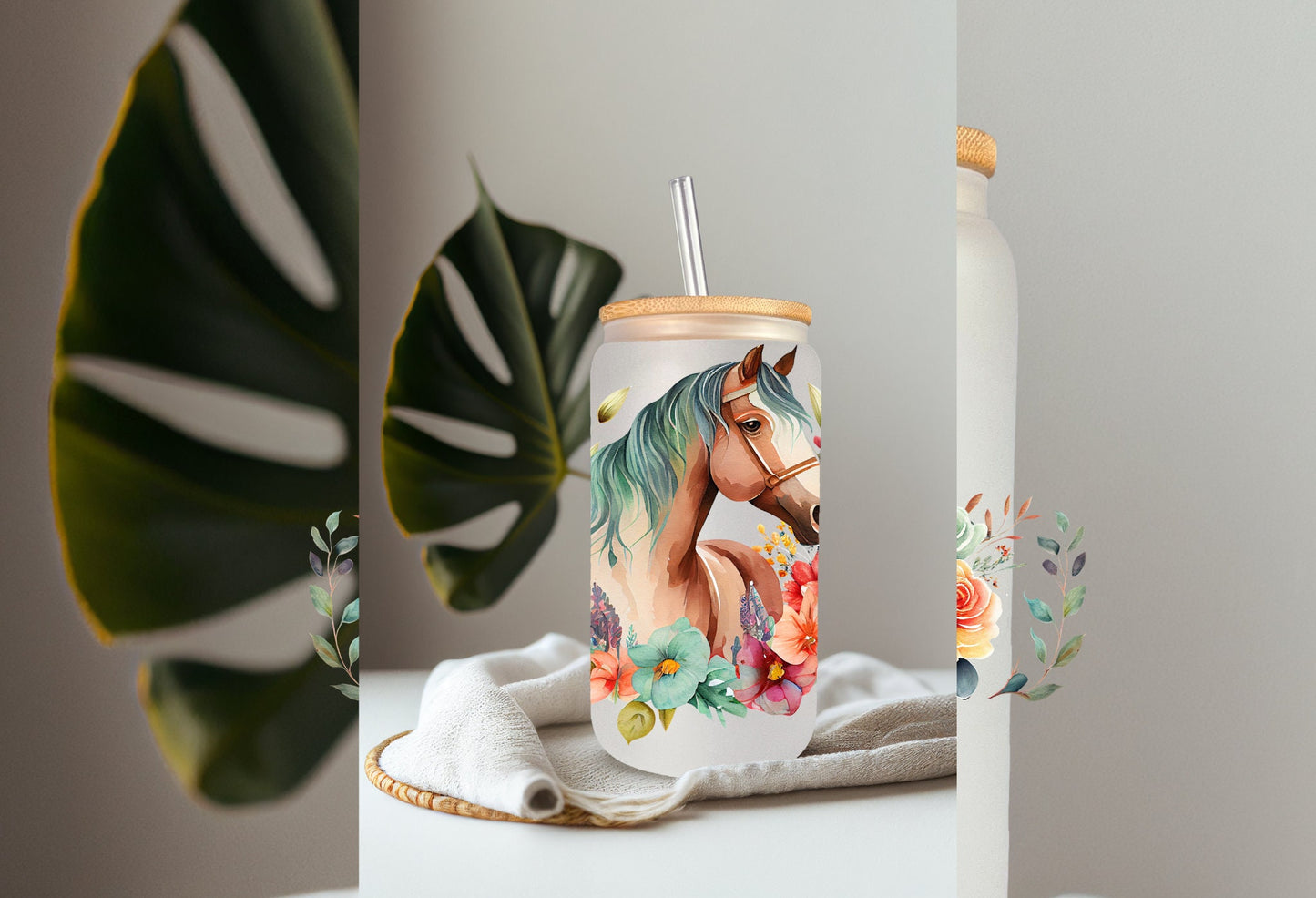 UVDTF Wrap Floral Horse 16oz Can Wrap Mug Mug Tumbler, Floral wrap, Ready to apply, Permanent Adhesive Waterproof, Add on a Cup