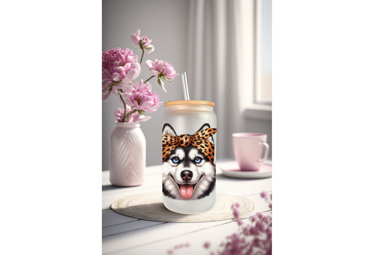 UVDTF Wrap Cute Husky 16 oz Can Glass Wrap, Mug Tumbler, Dog Mom, Ready to apply, Permanent Adhesive Waterproof