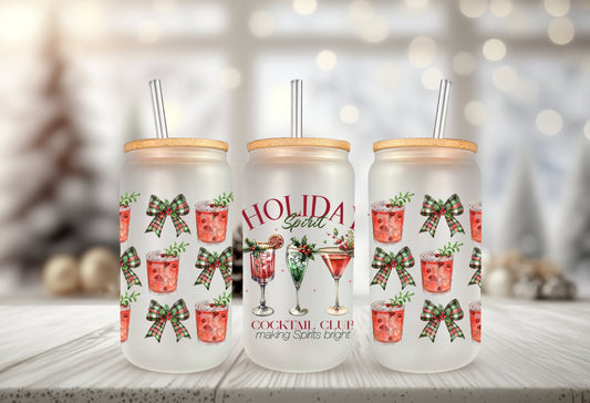 UVDTF Wrap Holiday Spirit Cocktail Club Coquettes Bows 16oz Can Glass, Mug, Tumbler, Ready to Apply, Permanent Waterproof Adhesive