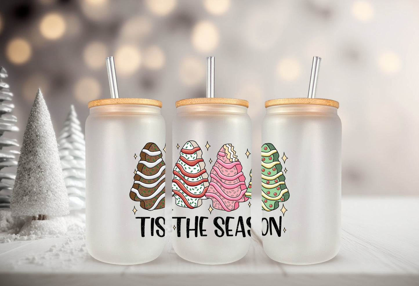 UVDTF Decal Tis the Season Multi color Cakes 16oz Can Glass Mug Tumbler, Funny Decal, Ready to apply, Permanent Waterproof Adhesive