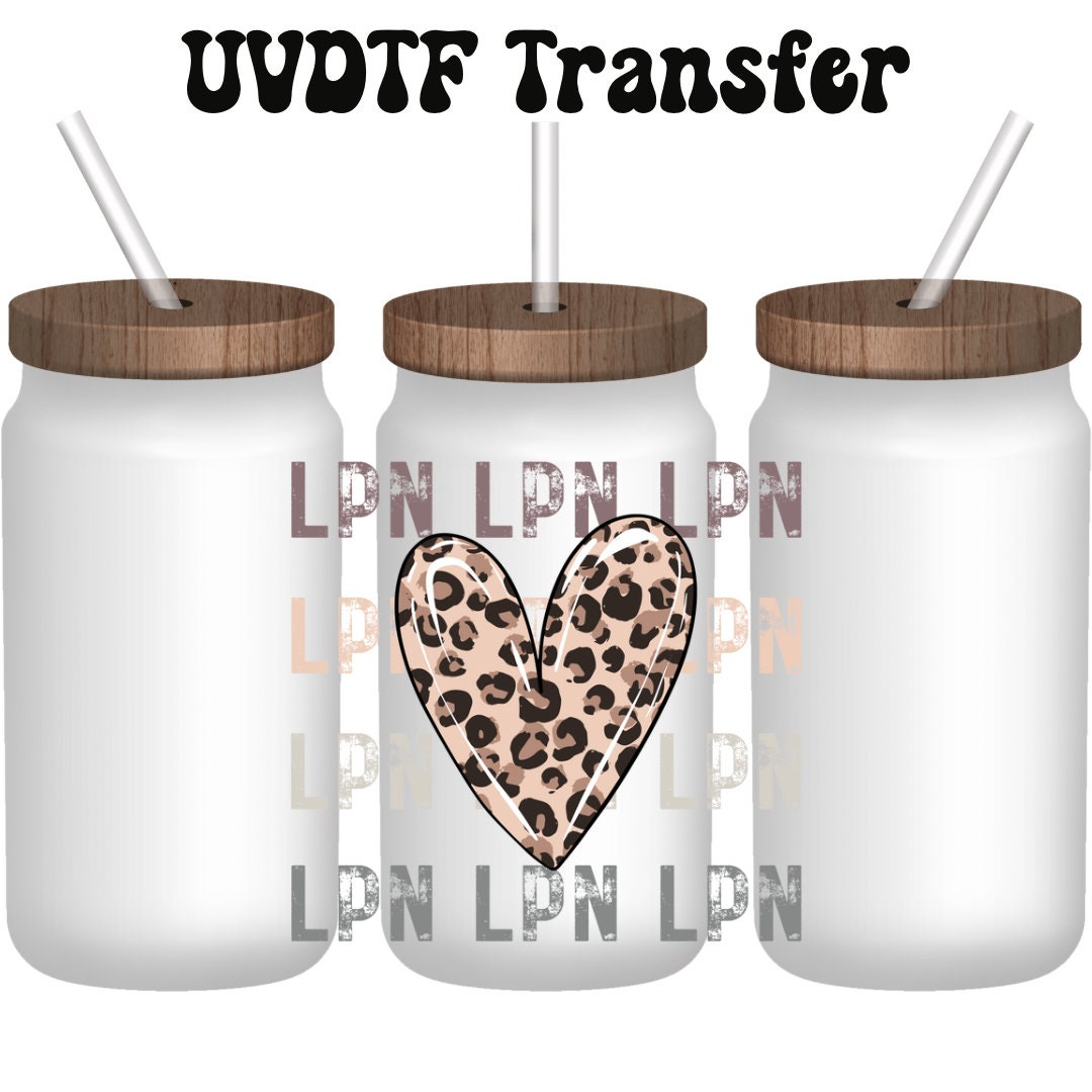 UVDTF Decal LPN Nurse Leopard Heart, 16oz Can Glass, Mug, or Tumbler, Shot glass, Keychain, Ready to Apply, Permanent Adhesive Waterproof