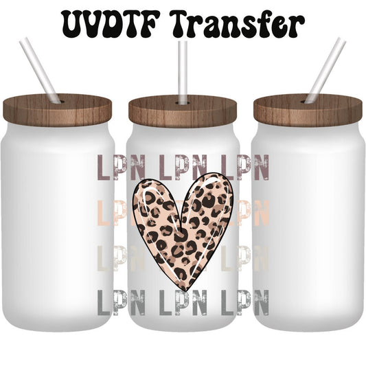 UVDTF Decal LPN Nurse Leopard Heart, 16oz Can Glass, Mug, or Tumbler, Shot glass, Keychain, Ready to Apply, Permanent Adhesive Waterproof