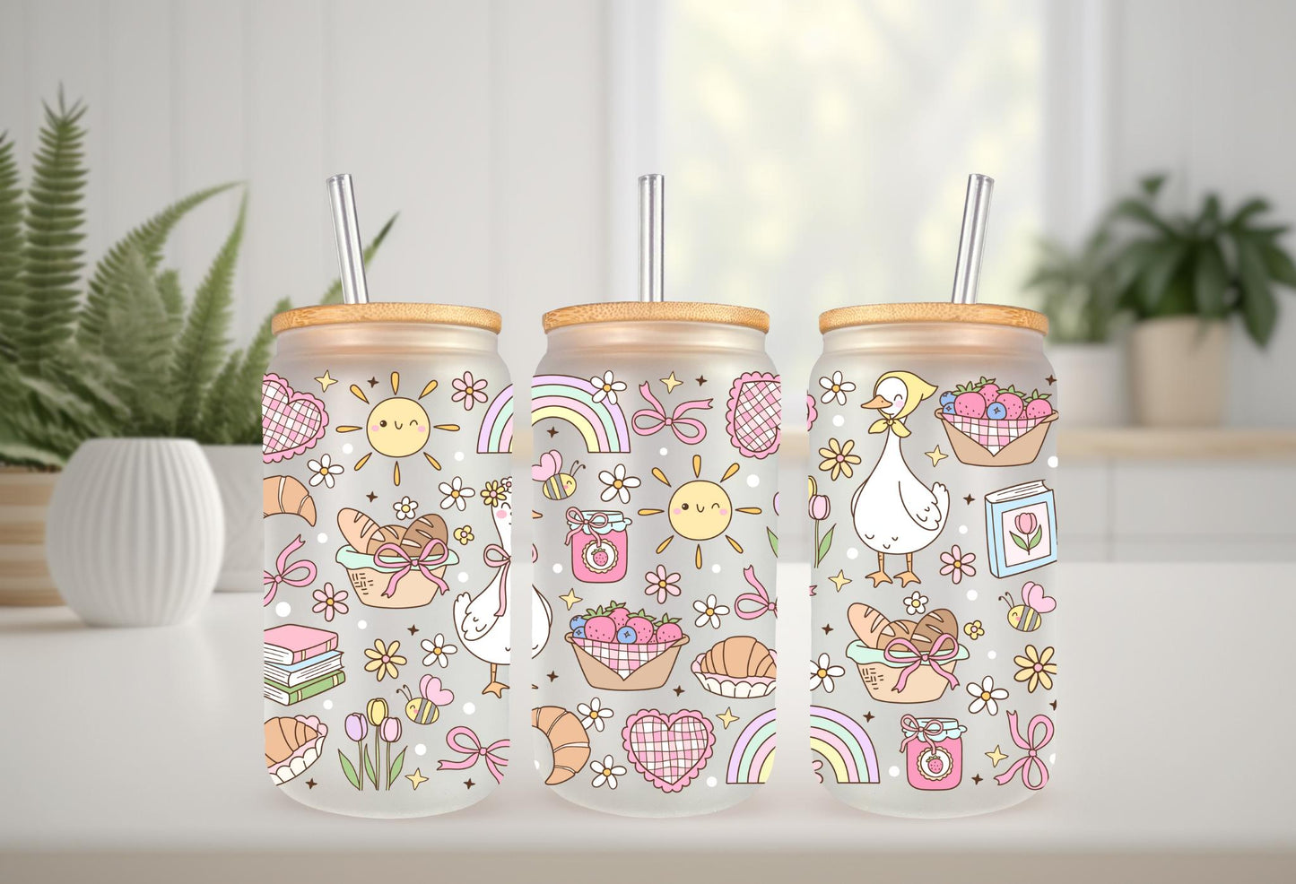 UVDTF Wrap Spring Floral Goose Picnic 16oz Can Glass Mug Tumbler Wrap, White Goose, Ready to apply, Permanent Waterproof Adhesive