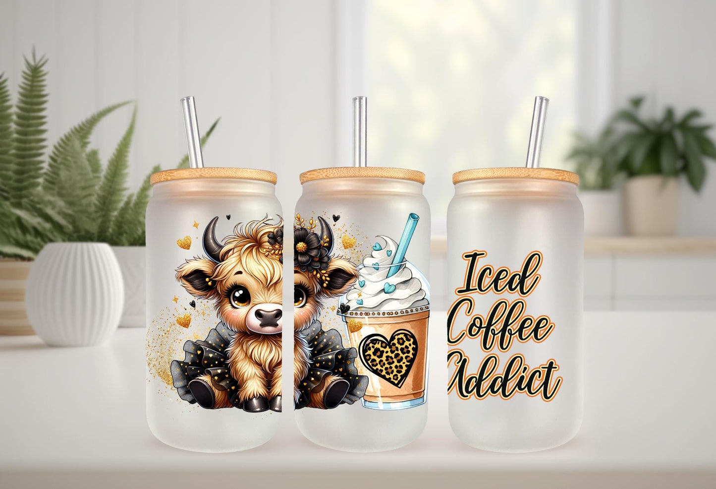 UVDTF Wrap Highland Cow Tutu Coffee Addict Leopard 16oz Can Glass Mug Tumbler Wrap, Ready to apply, Permanent Waterproof Adhesive