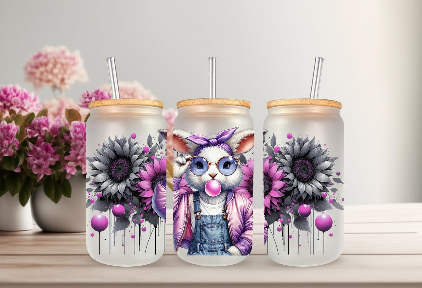 UVDTF Wrap Floral Bunny Bubble Gum 16oz Can Glass Mug Tumbler, Purple Easter Wrap, Ready to Apply, Permanent Waterproof Adhesive