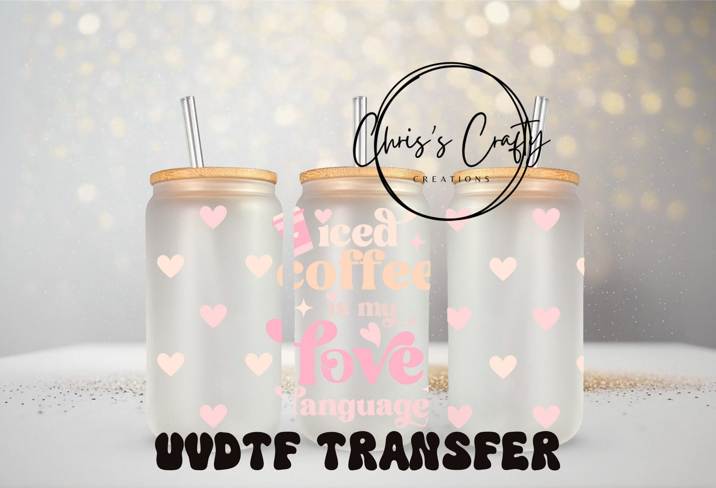 UVDTF WRAPS Valentine Pink Hearts Bundle Set of 4 for 16oz Can Glass Mug Tumbler, Self love, Ready to apply, Permanent WaterproofAdhesive