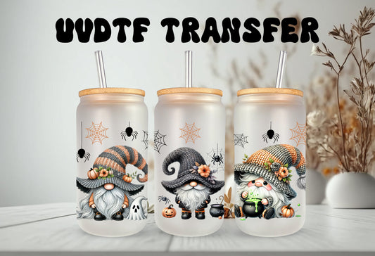 UVDTF Wrap Halloween Gnomes Spider 16 oz Can Glass Mug Tumbler, Gnome Wrap, Ready to apply, Permanent Adhesive, Double sided option