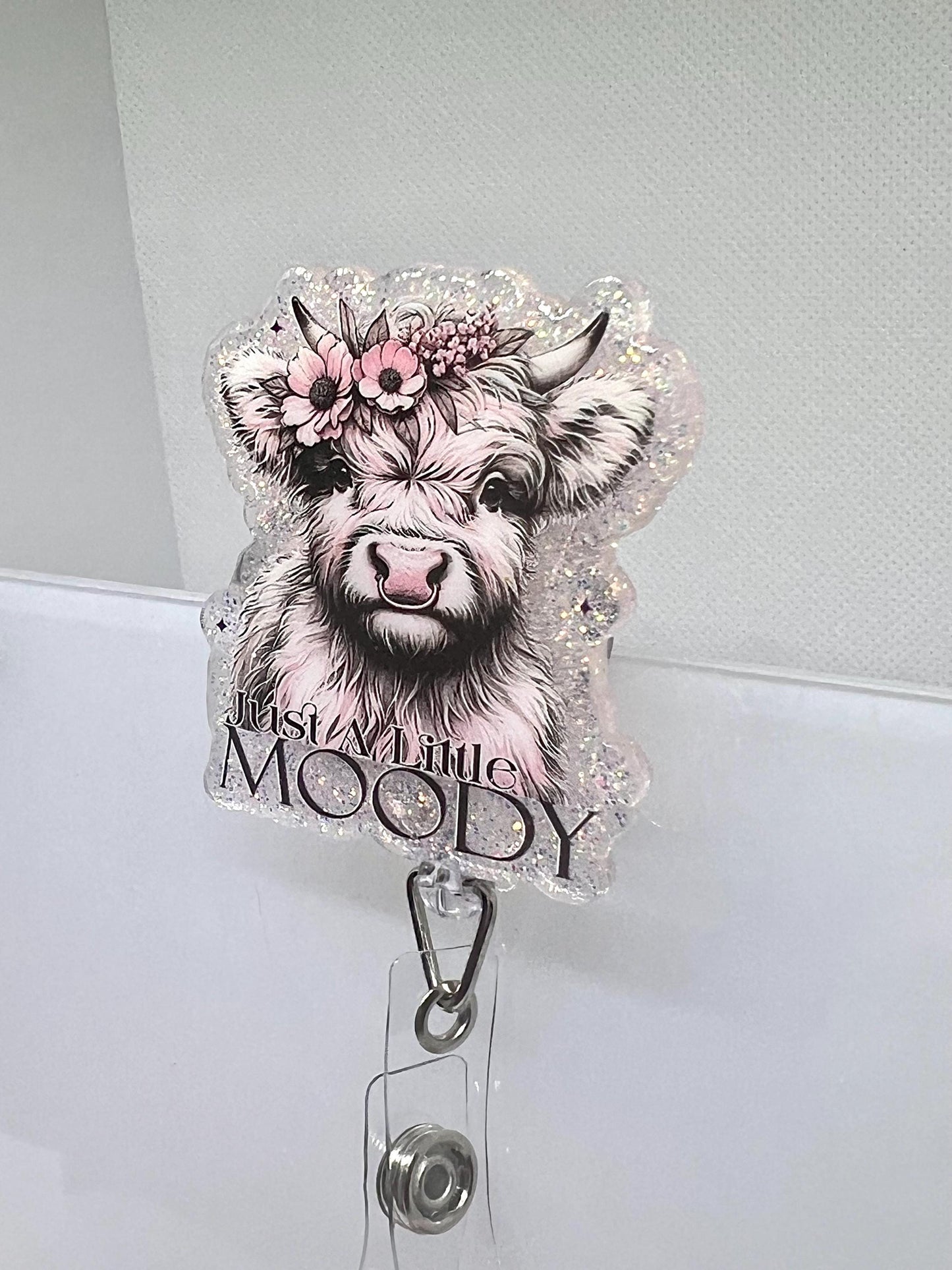 Funny Highland Cow Badge Reel – 'Just a Little Moody' Floral Glitter Design for Work Accessories
