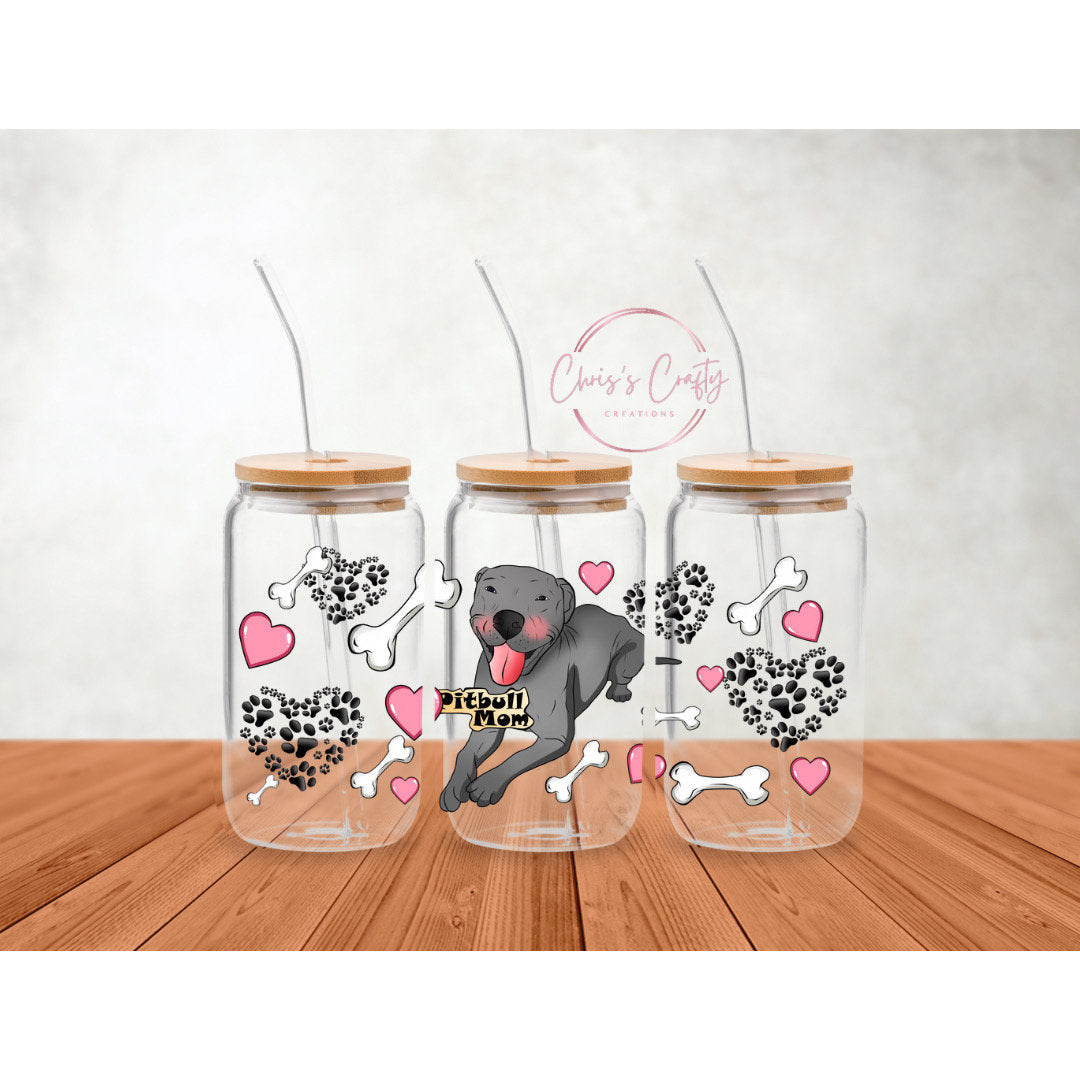 UVDTF Wrap Pitbull Mom for 16oz Can Glass Mug Tumbler, Ready to apply, Permanent Waterproof Adhesive