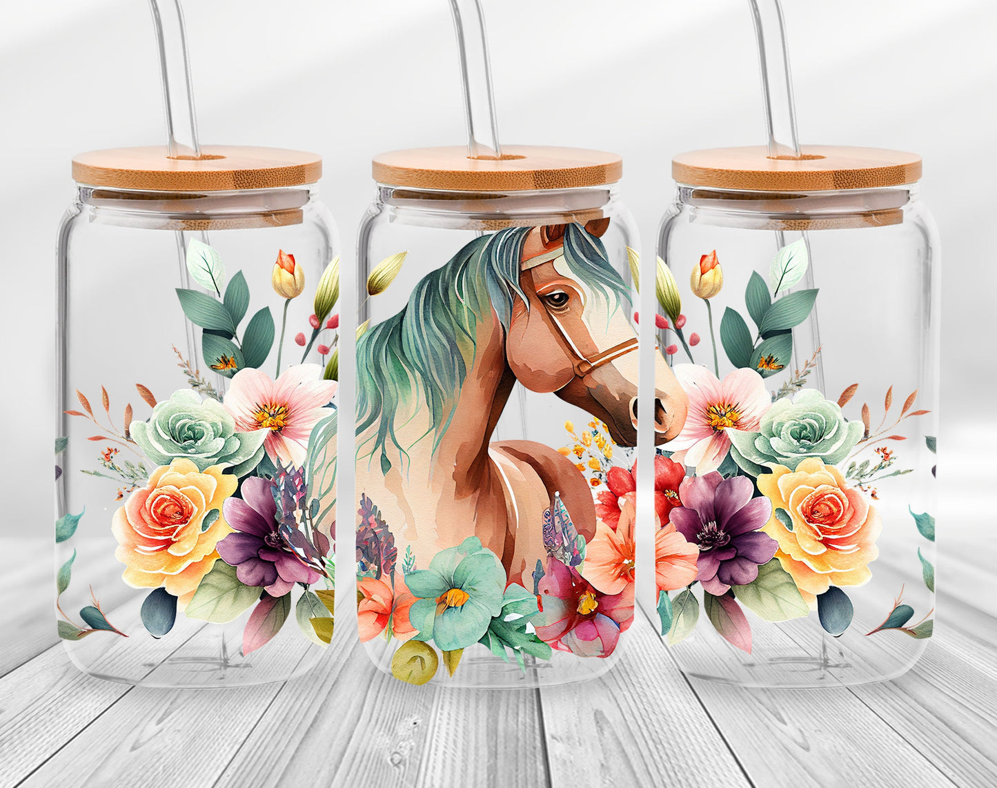 UVDTF Wrap Floral Horse 16oz Can Wrap Mug Mug Tumbler, Floral wrap, Ready to apply, Permanent Adhesive Waterproof, Add on a Cup